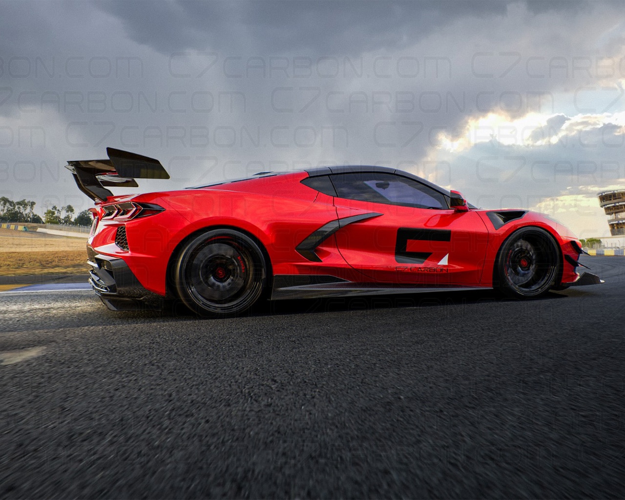 Side profile view of a red Chevrolet Corvette C8 ZR1 Stingray on a race track, equipped with a black carbon fiber rear spoiler
