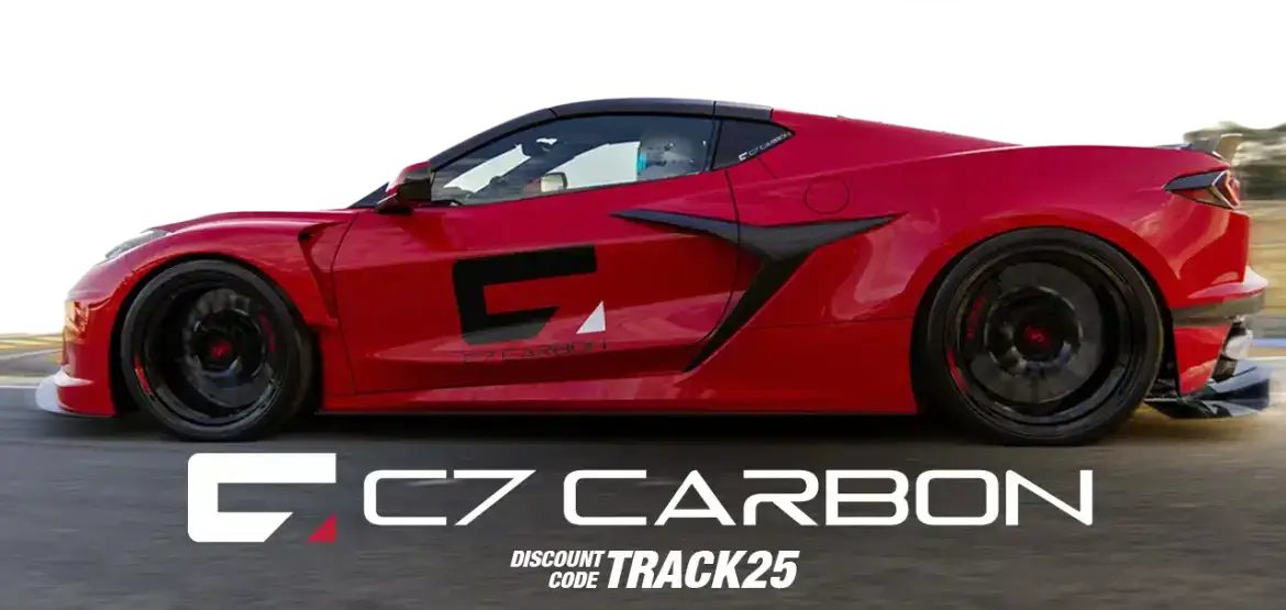 Corvette C8 Z06 side profile with C7 Carbon branding and discount code TRACK25